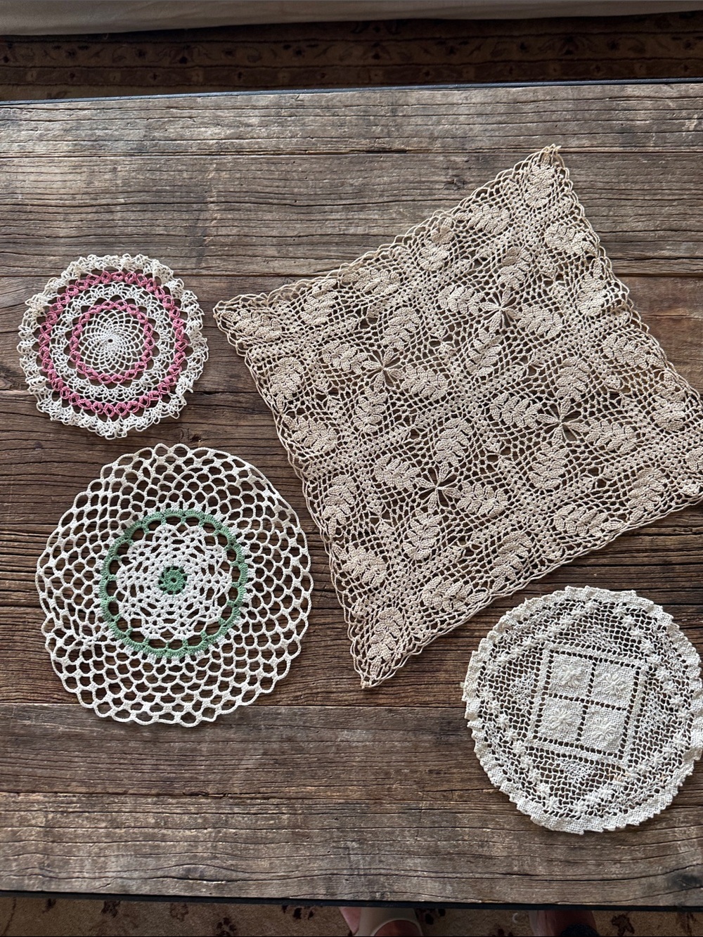 Vintage Handmade Crochet Doily Set - Cream, Pink & Green Accents
